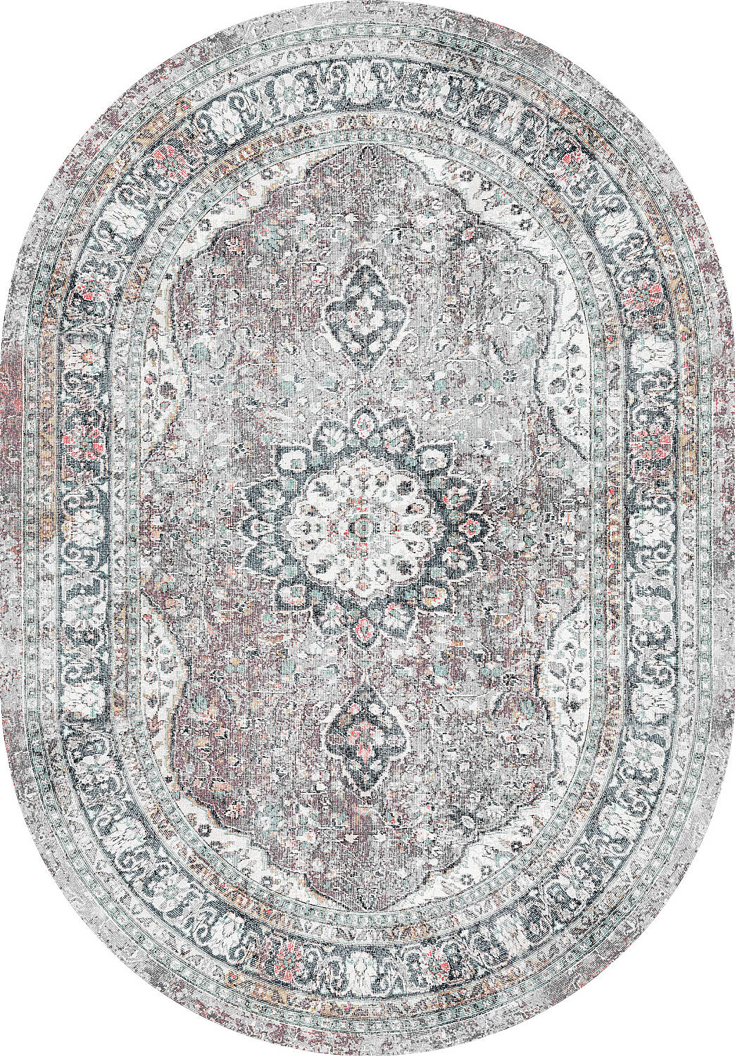 Vintage Desenli Pamuk Taban Baskılı Oval Halı Gri - 1