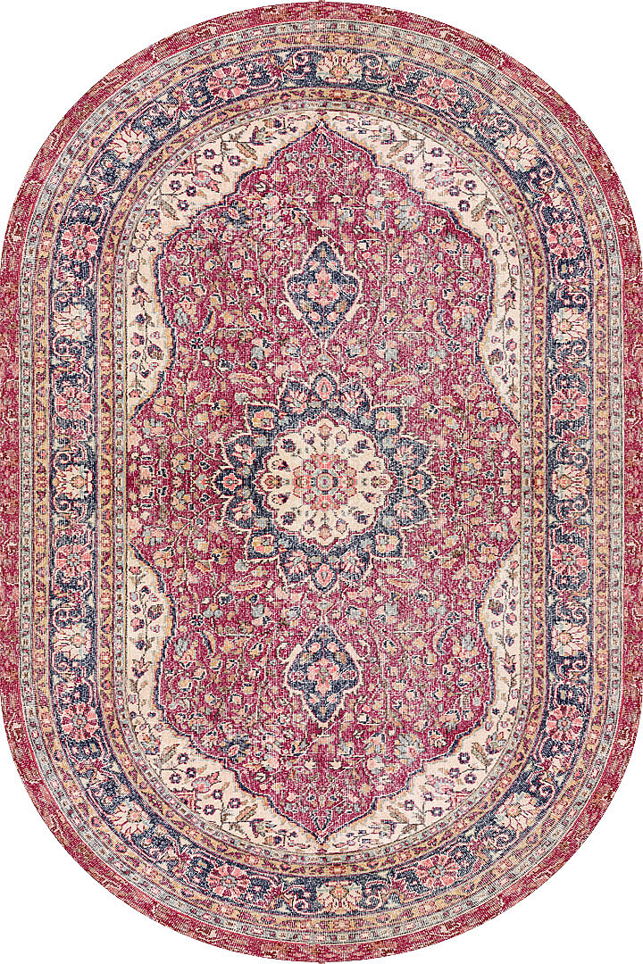 Vintage Desenli Pamuk Taban Baskılı Oval Halı Kırmızı - Frenda
