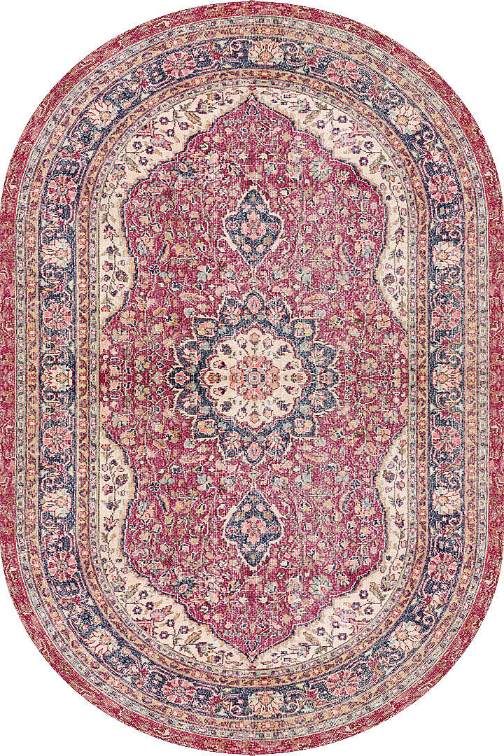 Vintage Desenli Pamuk Taban Baskılı Oval Halı Kırmızı - 1