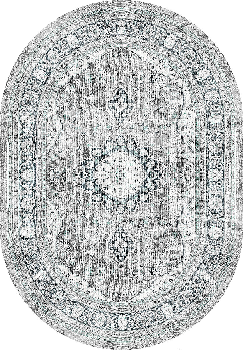 Vintage Desenli Pamuk Taban Baskılı Oval Halı Yeşil - Frenda