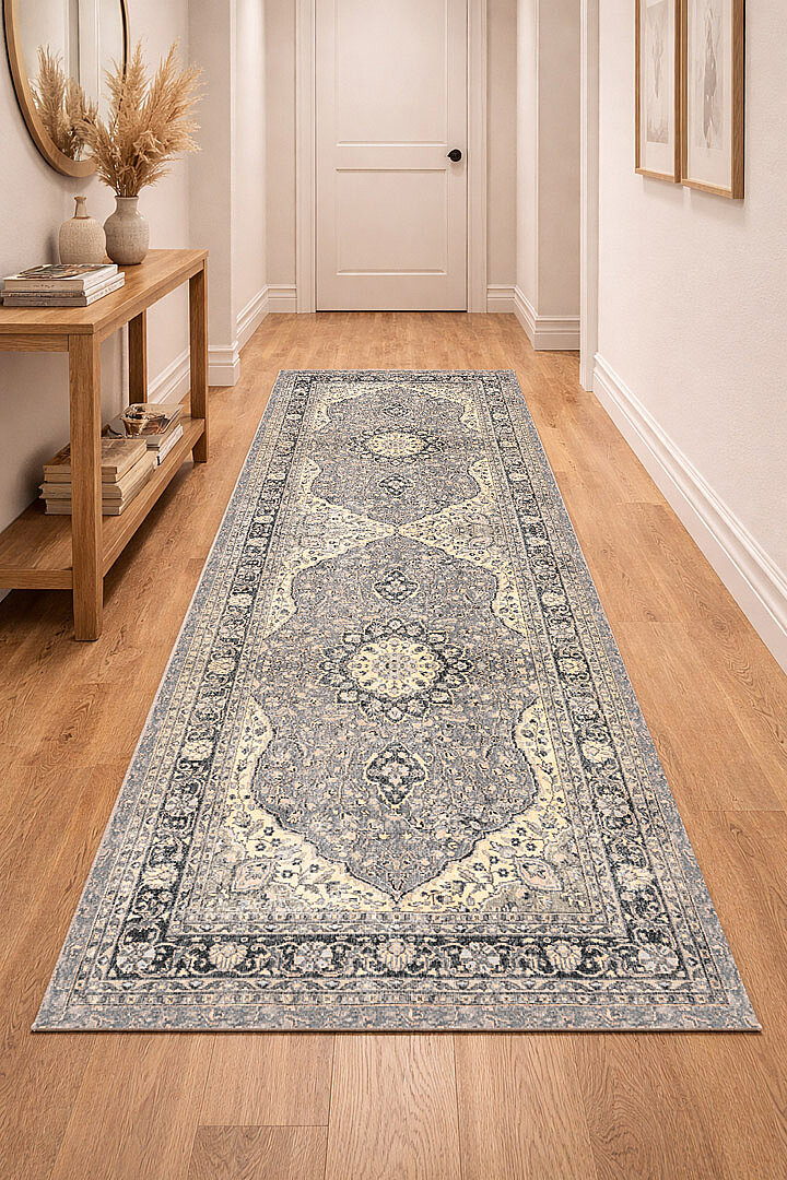 Vintage Desenli Pamuk Taban Baskılı Yolluk Kesme Özel Ölçü Halı Bej 