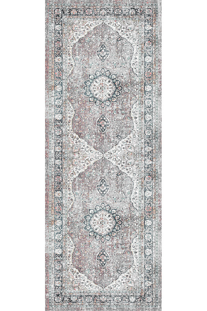 Vintage Desenli Pamuk Taban Baskılı Yolluk Kesme Özel Ölçü Halı Gri - Frenda (1)