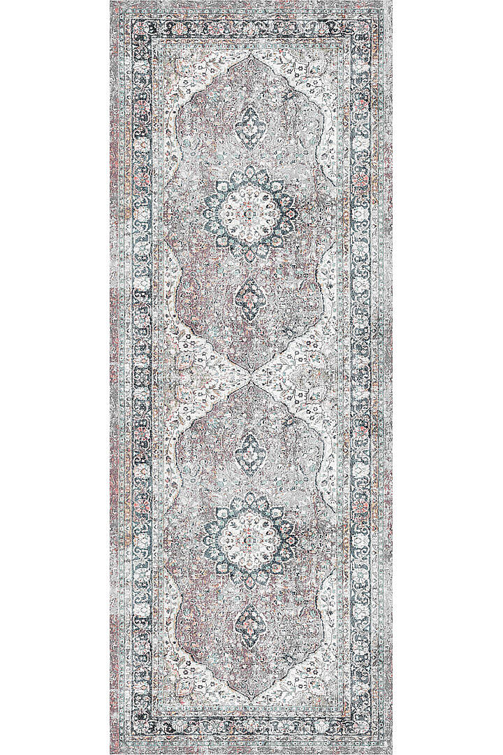 Vintage Desenli Pamuk Taban Baskılı Yolluk Kesme Özel Ölçü Halı Gri - 2