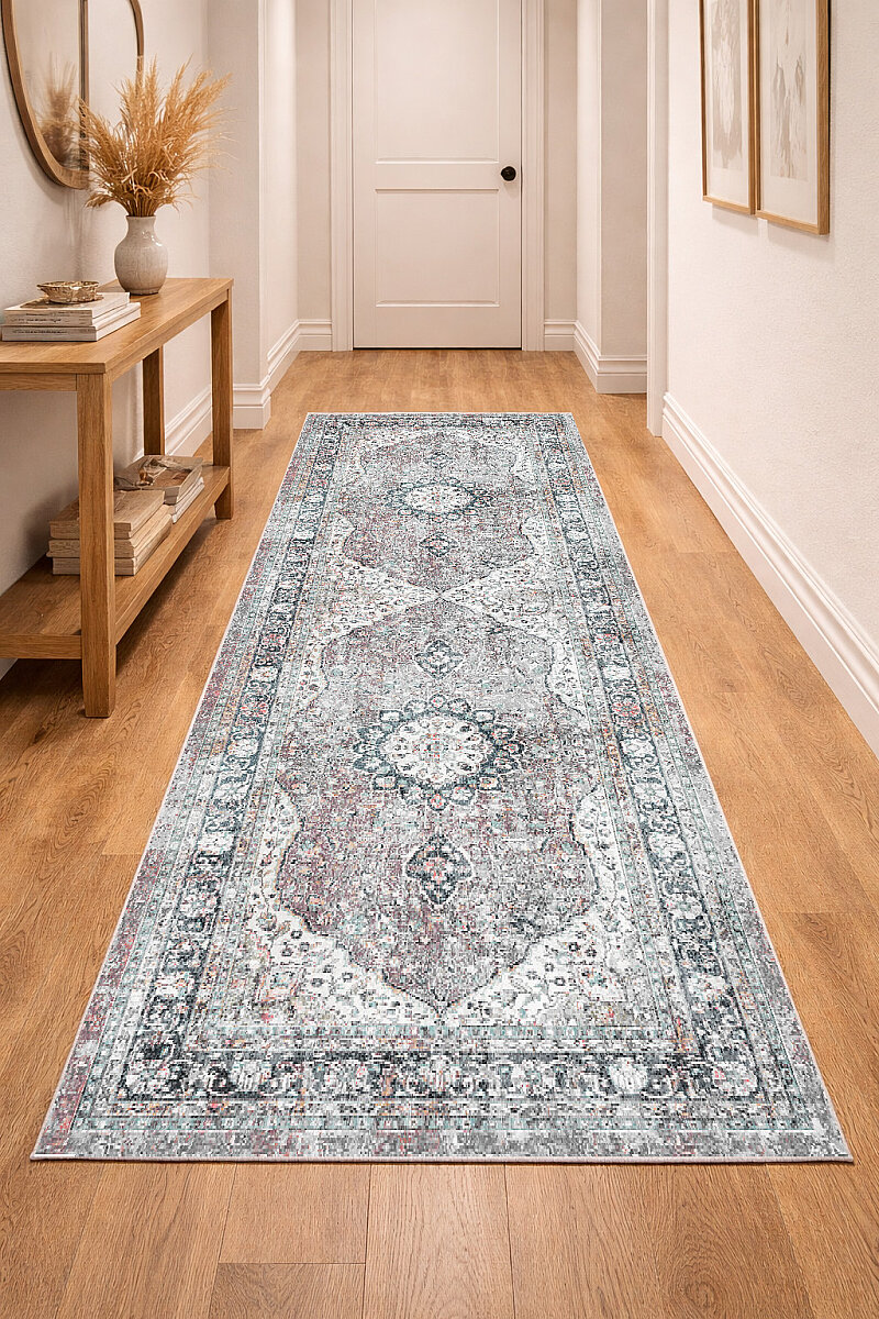 Vintage Desenli Pamuk Taban Baskılı Yolluk Kesme Özel Ölçü Halı Gri - Frenda