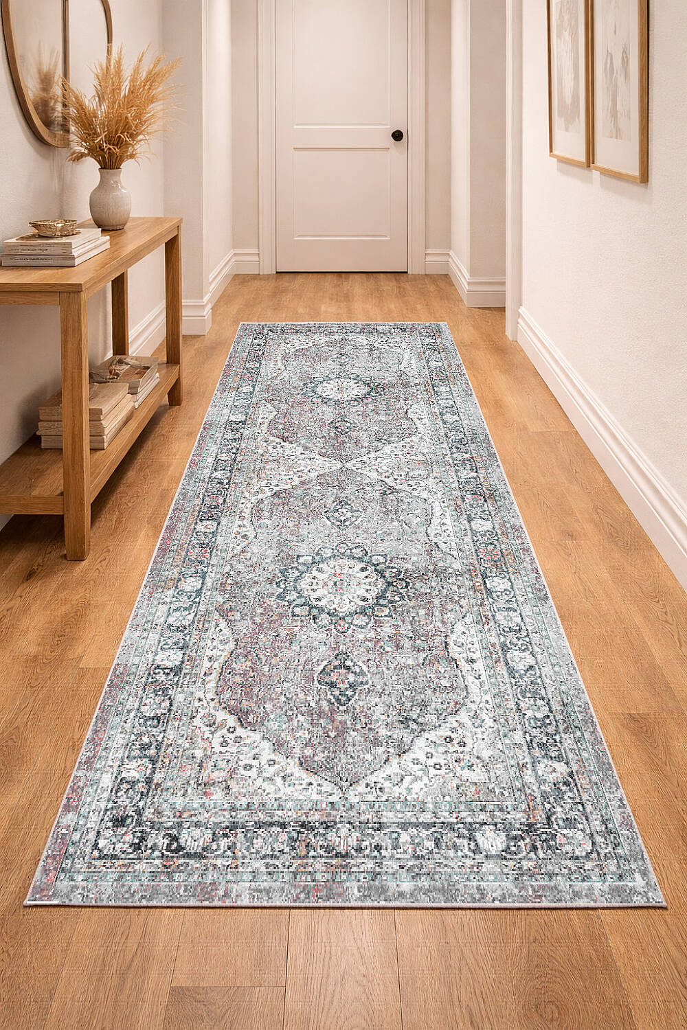 Vintage Desenli Pamuk Taban Baskılı Yolluk Kesme Özel Ölçü Halı Gri - 1