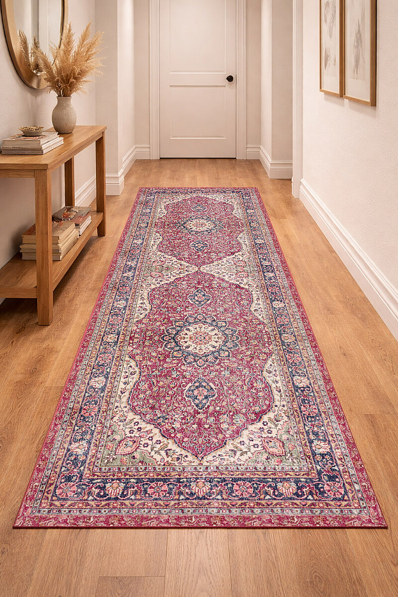 Vintage Desenli Pamuk Taban Baskılı Yolluk Kesme Özel Ölçü Halı Kırmızı 