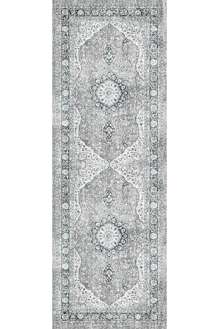 Vintage Desenli Pamuk Taban Baskılı Yolluk Kesme Özel Ölçü Halı Yeşil - Frenda (1)