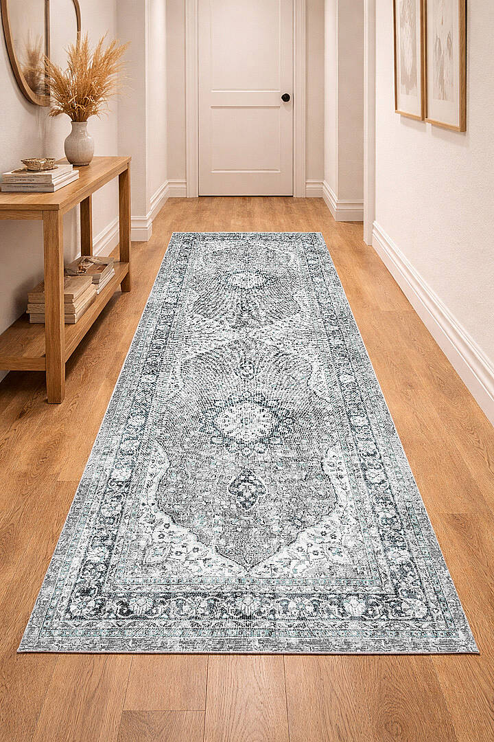 Vintage Desenli Pamuk Taban Baskılı Yolluk Kesme Özel Ölçü Halı Yeşil - 1