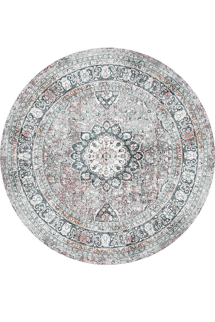 Vintage Desenli Pamuk Taban Baskılı Yuvarlak Halı Gri - Frenda