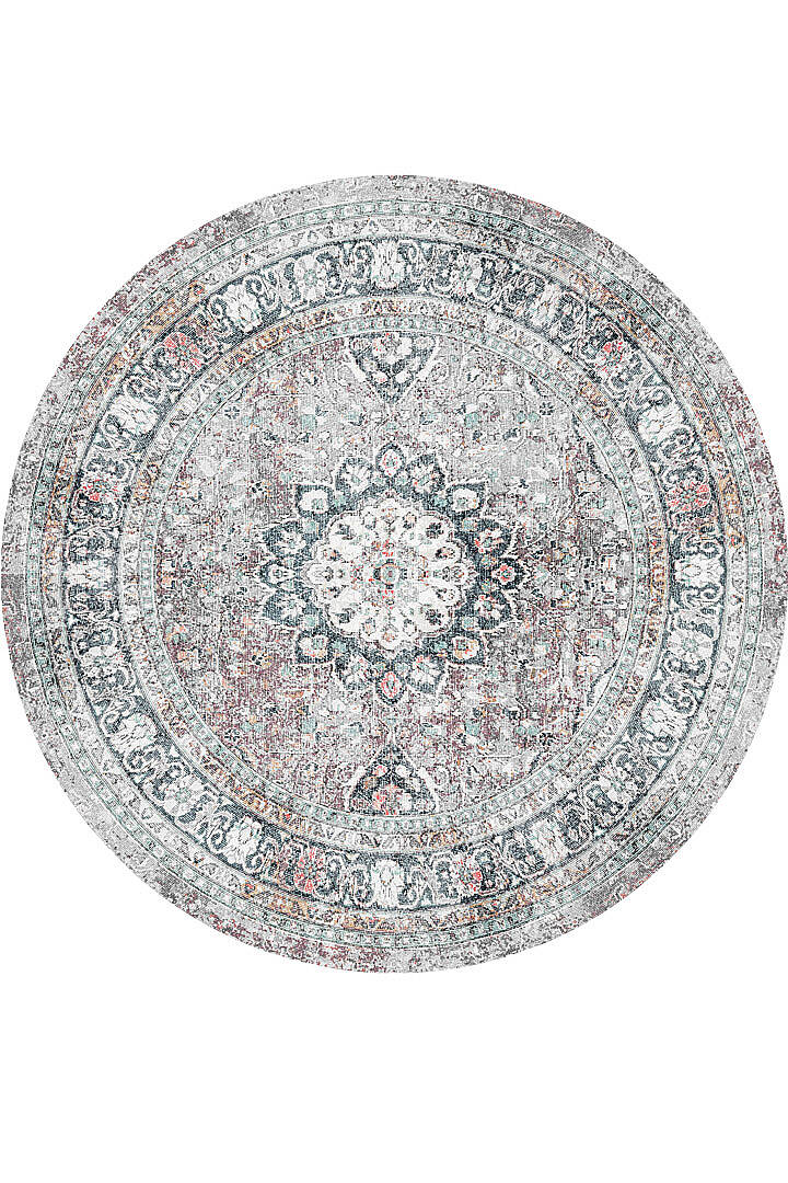 Vintage Desenli Pamuk Taban Baskılı Yuvarlak Halı Gri - 1