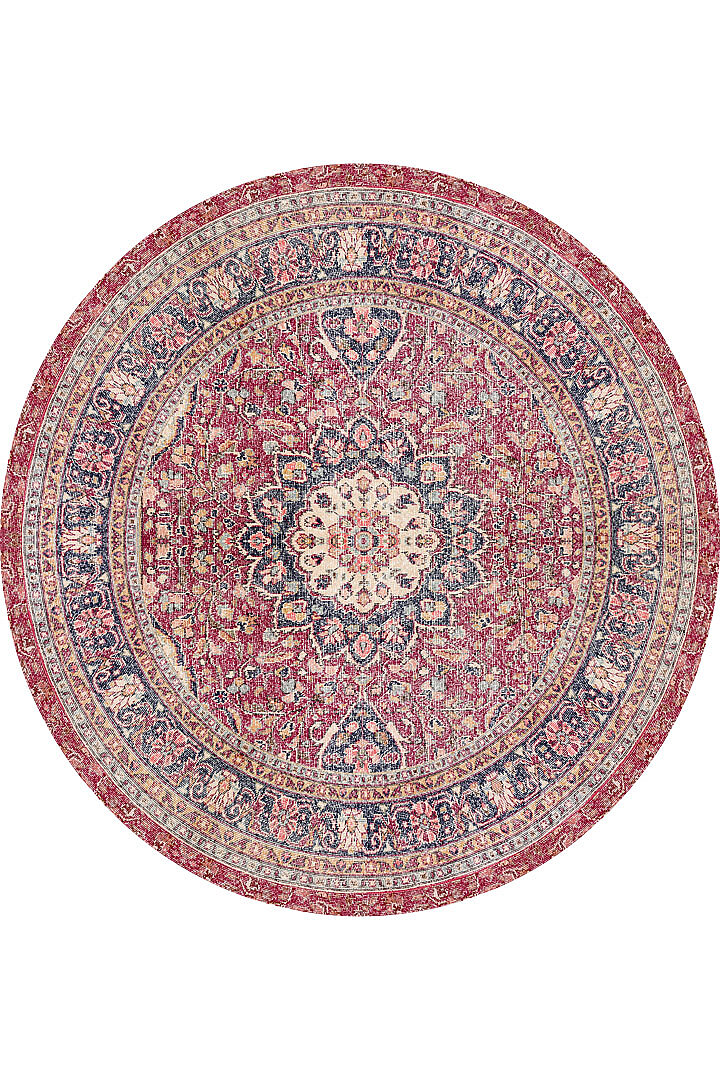 Vintage Desenli Pamuk Taban Baskılı Yuvarlak Halı Kırmızı - Frenda