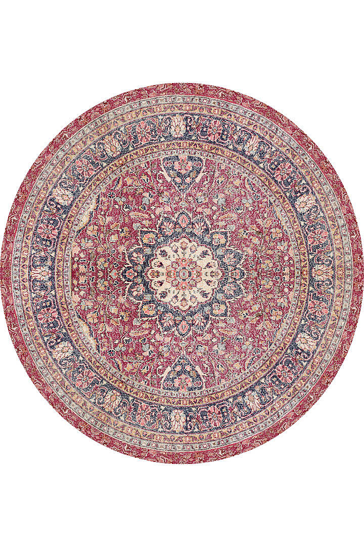 Vintage Desenli Pamuk Taban Baskılı Yuvarlak Halı Kırmızı - 1