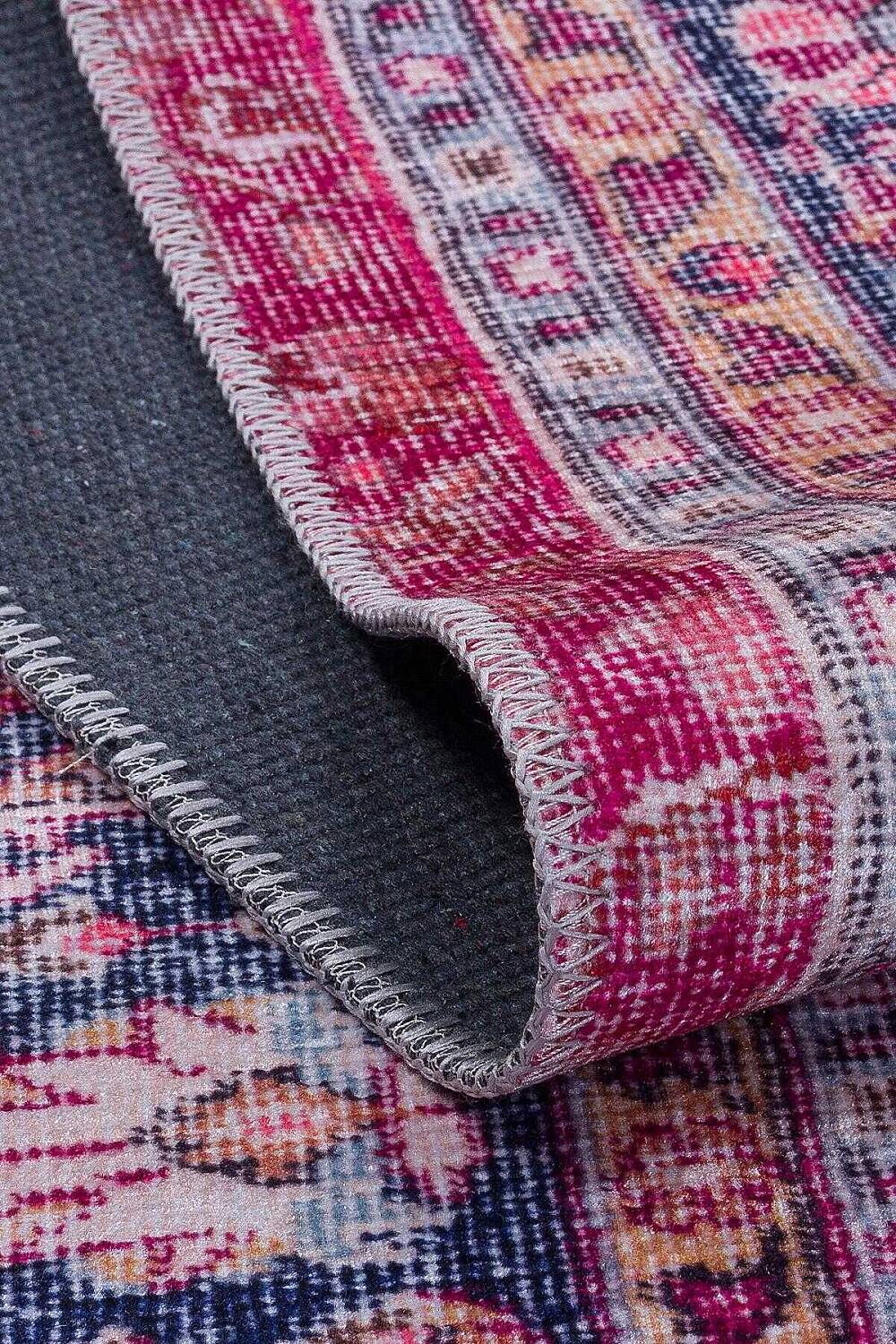 Vintage Desenli Pamuk Taban Baskılı Yuvarlak Halı Kırmızı - 3