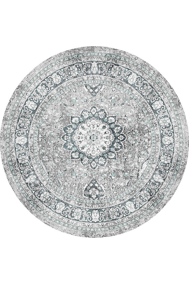 Vintage Desenli Pamuk Taban Baskılı Yuvarlak Halı Yeşil - Frenda