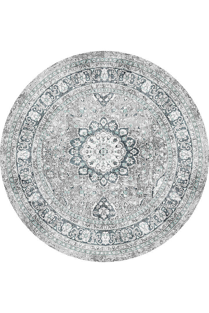 Vintage Desenli Pamuk Taban Baskılı Yuvarlak Halı Yeşil - 1