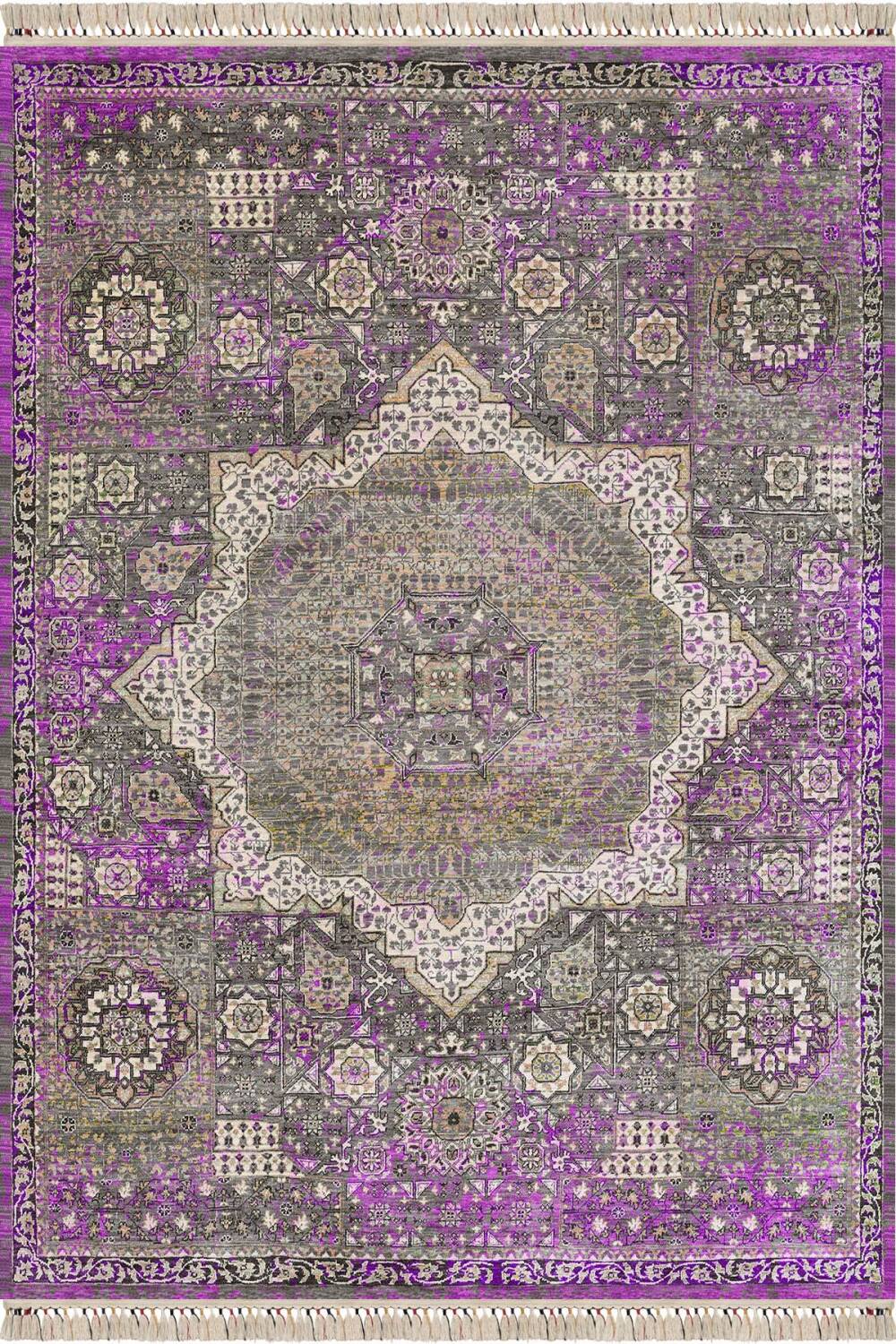 Vintage Desenli Pamuk Taban Dekoratif Halı Fuşya - 1