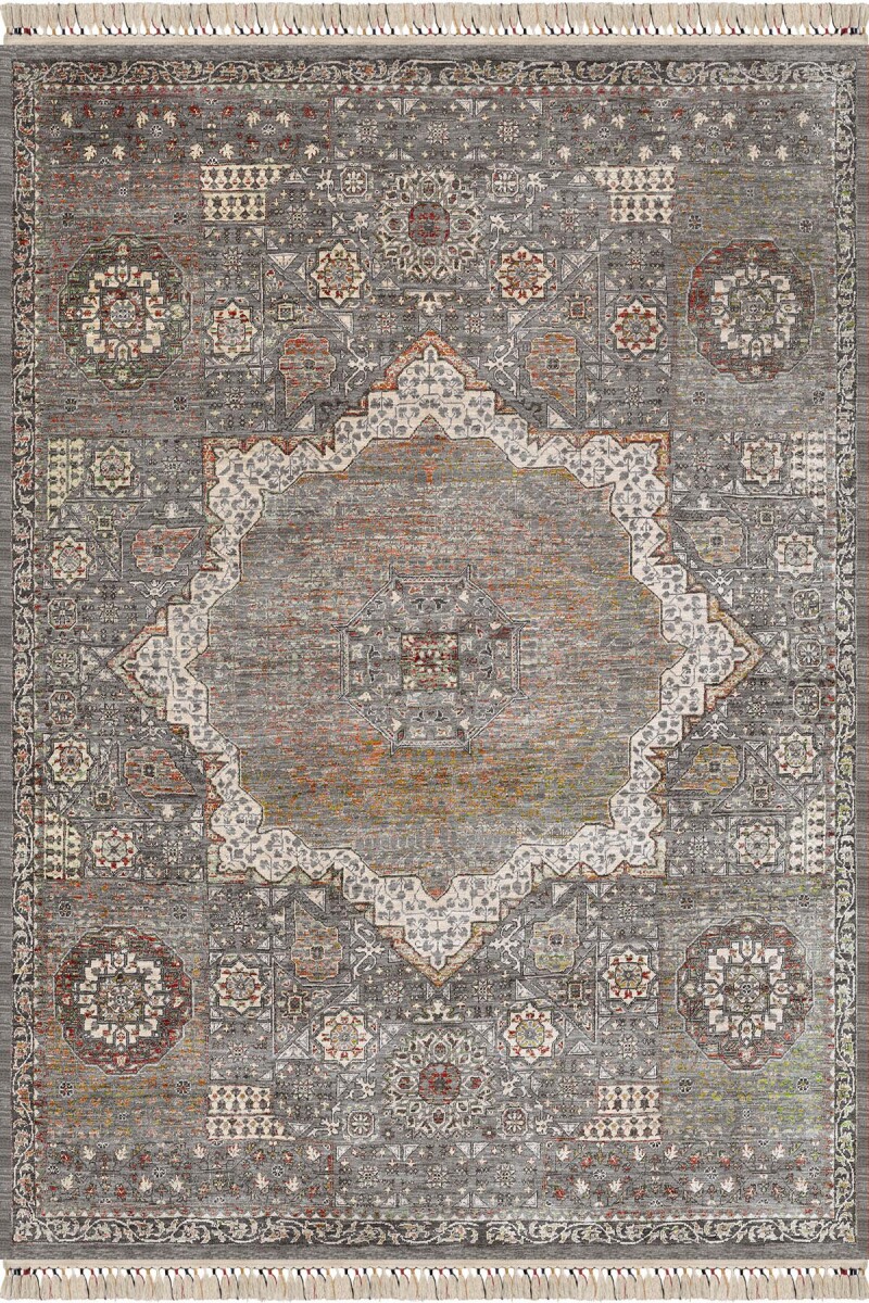 Vintage Desenli Pamuk Taban Dekoratif Halı Gri 