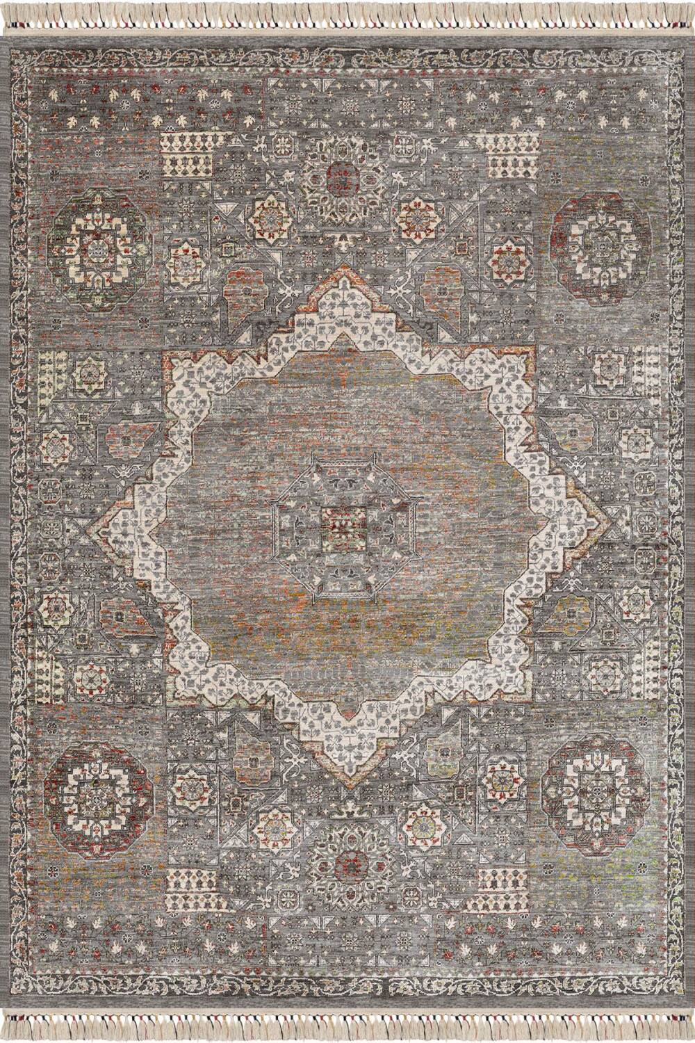 Vintage Desenli Pamuk Taban Dekoratif Halı Gri - 1