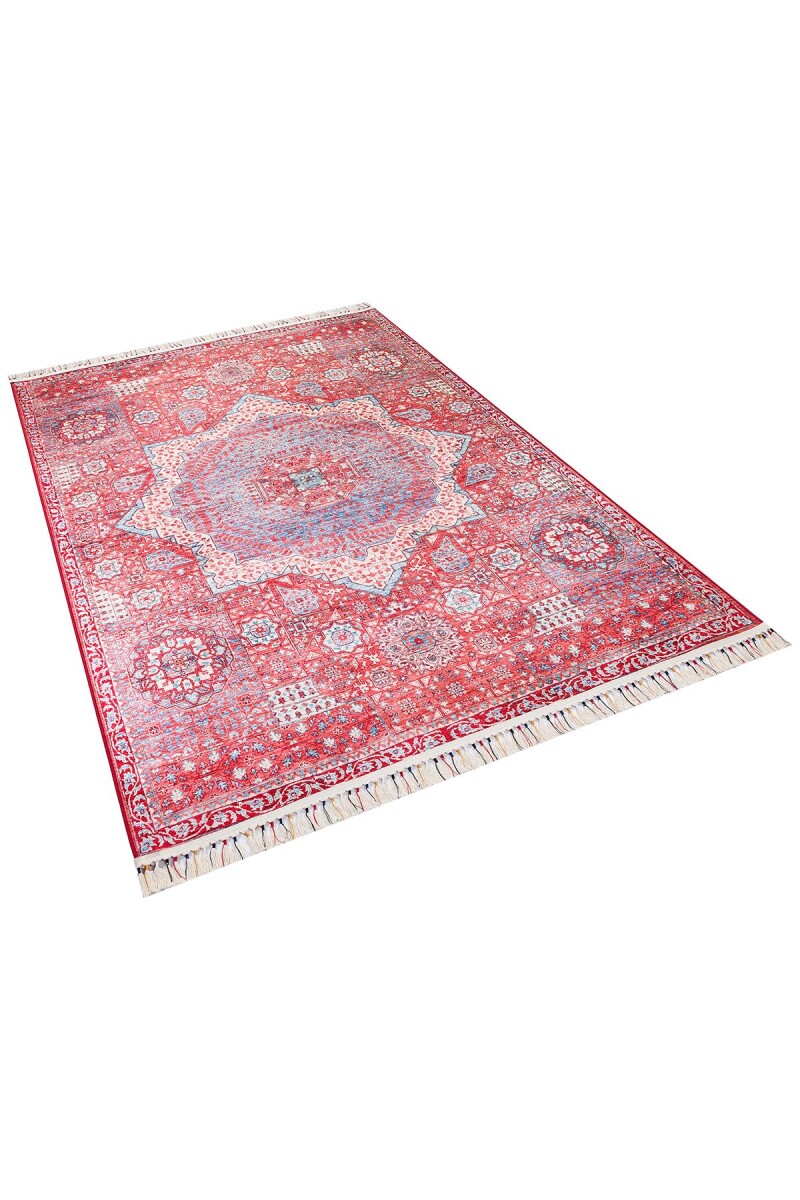 Vintage Desenli Pamuk Taban Dekoratif Halı Kırmızı - 2