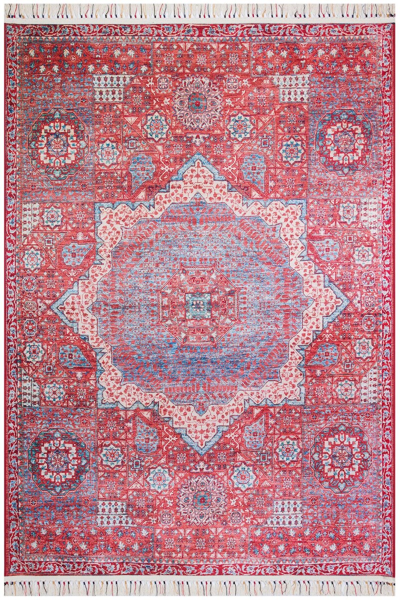 Vintage Desenli Pamuk Taban Dekoratif Halı Kırmızı 