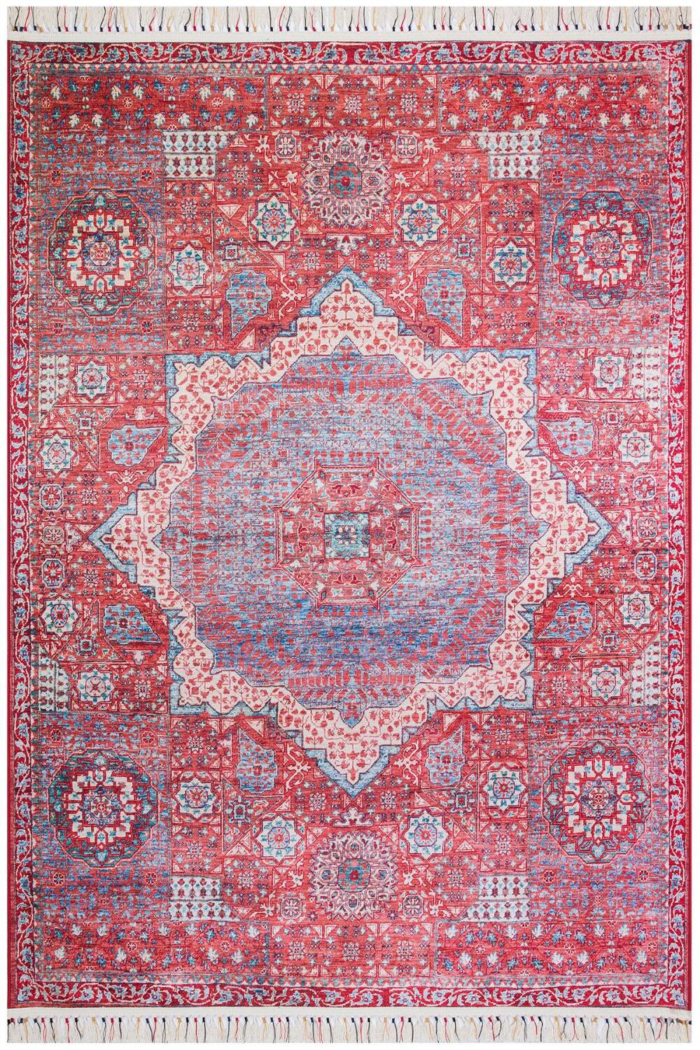 Vintage Desenli Pamuk Taban Dekoratif Halı Kırmızı - 1