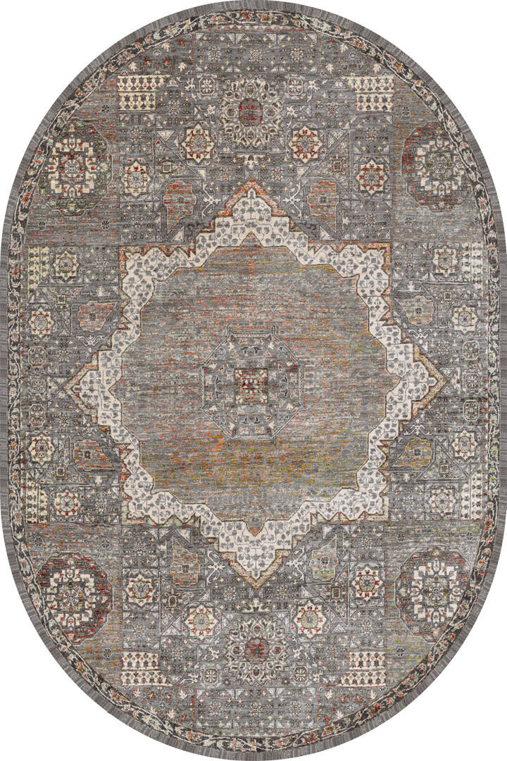 Vintage Desenli Pamuk Taban Dekoratif Oval Halı Gri - 1