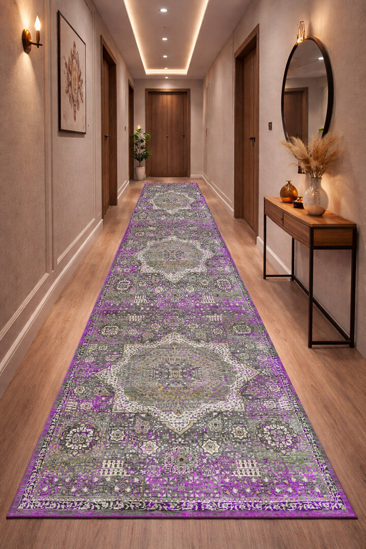 Vintage Desenli Pamuk Taban Dekoratif Yolluk Halı Fuşya - Frenda