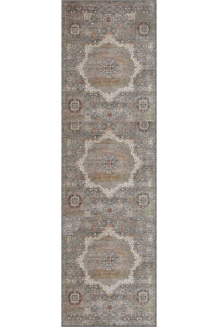 Vintage Desenli Pamuk Taban Dekoratif Yolluk Halı Gri - Frenda (1)