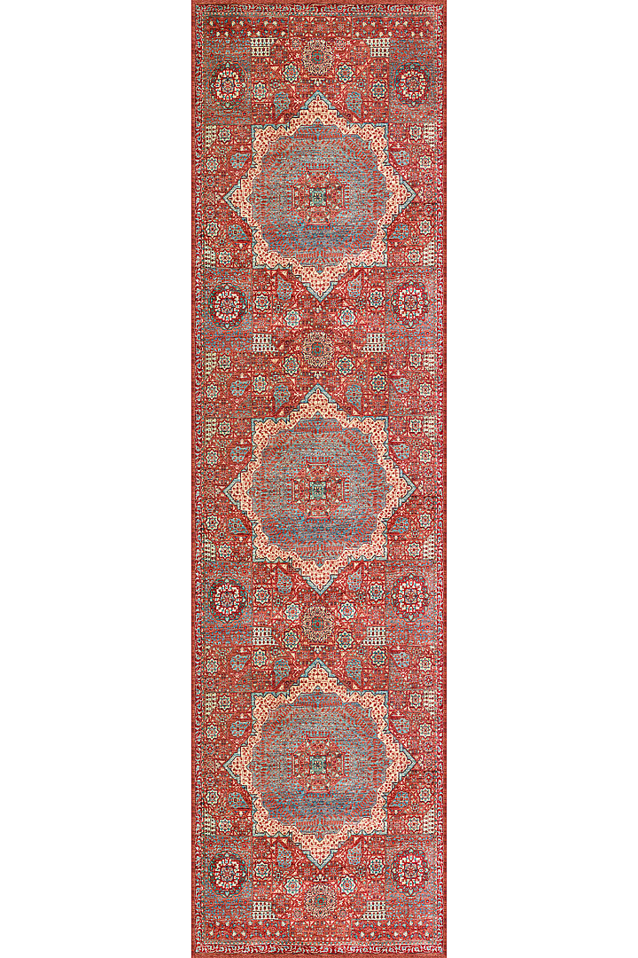 Vintage Desenli Pamuk Taban Dekoratif Yolluk Halı Kırmızı - Frenda (1)