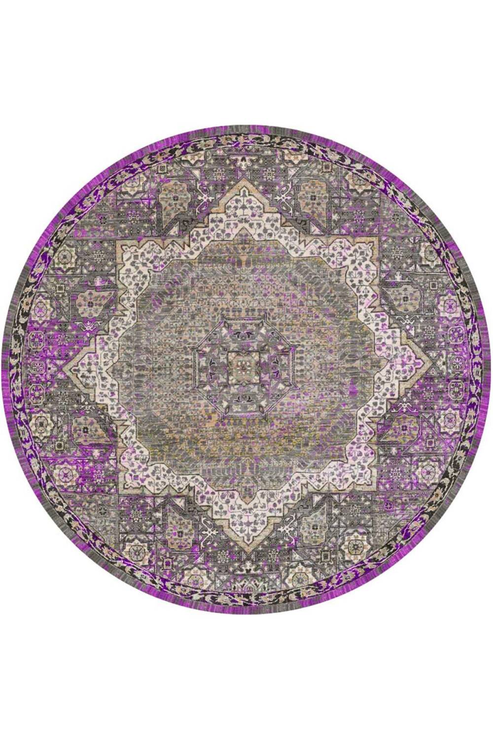 Vintage Desenli Pamuk Taban Dekoratif Yuvarlak Halı Fuşya - 1