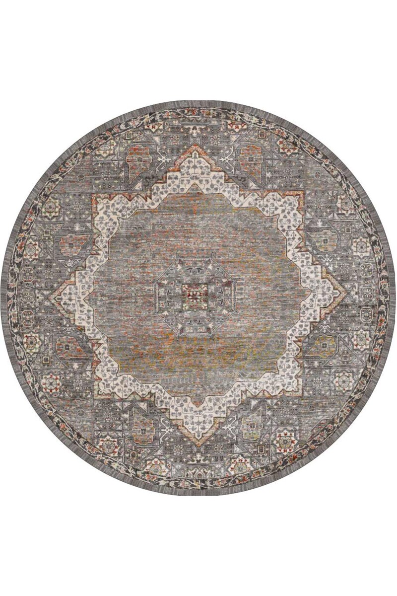 Vintage Desenli Pamuk Taban Dekoratif Yuvarlak Halı Gri - Frenda