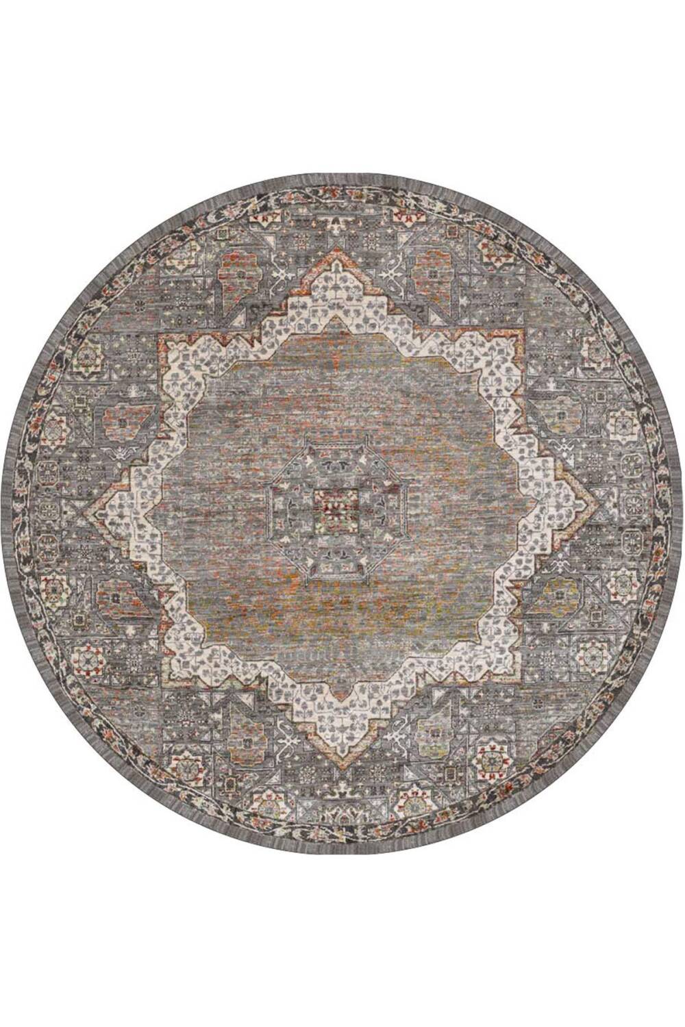 Vintage Desenli Pamuk Taban Dekoratif Yuvarlak Halı Gri - 1