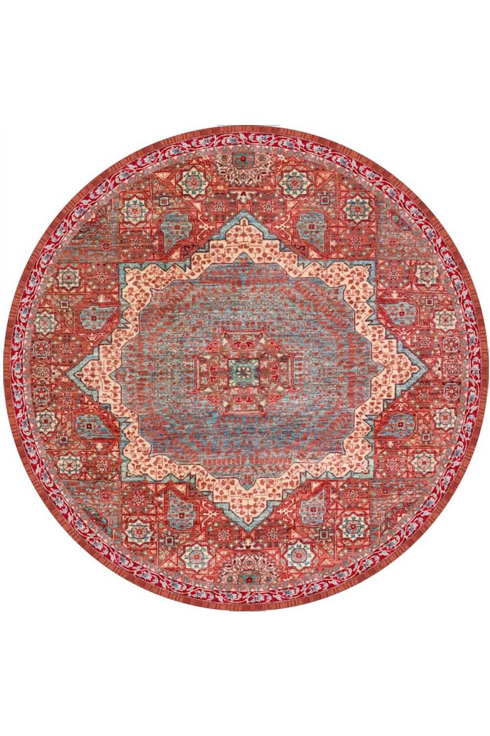 Vintage Desenli Pamuk Taban Dekoratif Yuvarlak Halı Kırmızı - 1