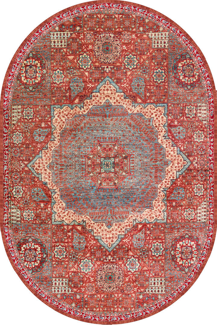 Vintage Desenli Pamuk Taban Dekoratif Yuvarlak Oval Halı Kırmızı - 1