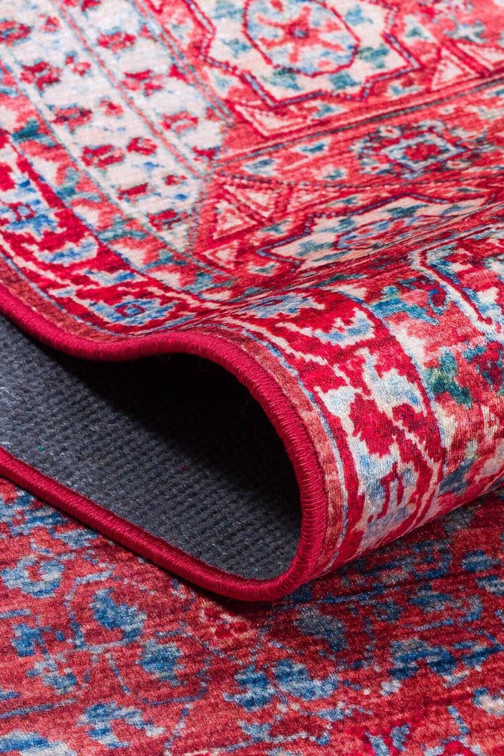 Vintage Desenli Pamuk Taban Dekoratif Yuvarlak Oval Halı Kırmızı - 2