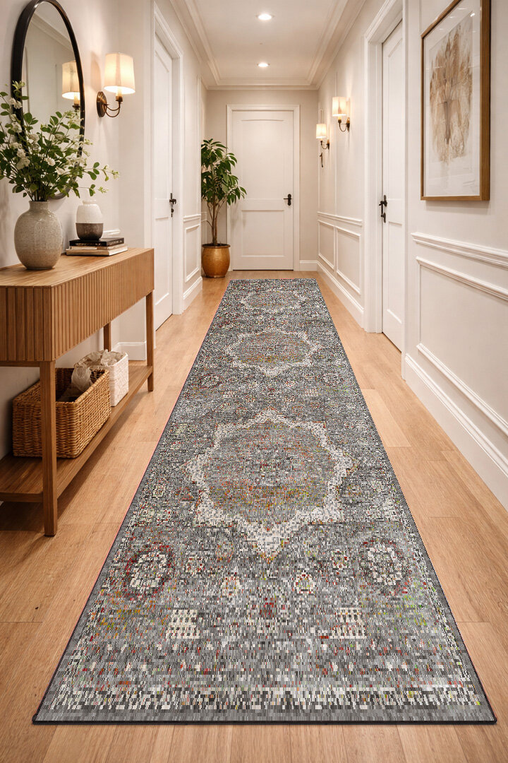 Vintage Desenli Pamuk Taban Dekoratif Yuvarlak Yolluk Halı Gri - Frenda