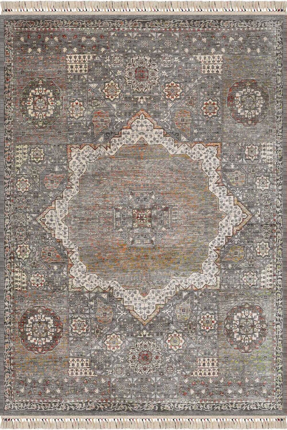 Vintage Desenli Pamuk Taban Dekoratif Yuvarlak Yolluk Halı Gri - 2