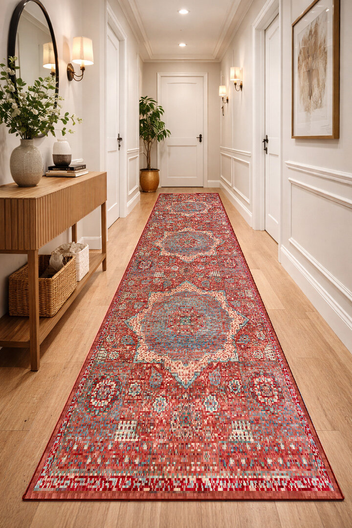 Vintage Desenli Pamuk Taban Dekoratif Yuvarlak Yolluk Halı Kırmızı - Frenda