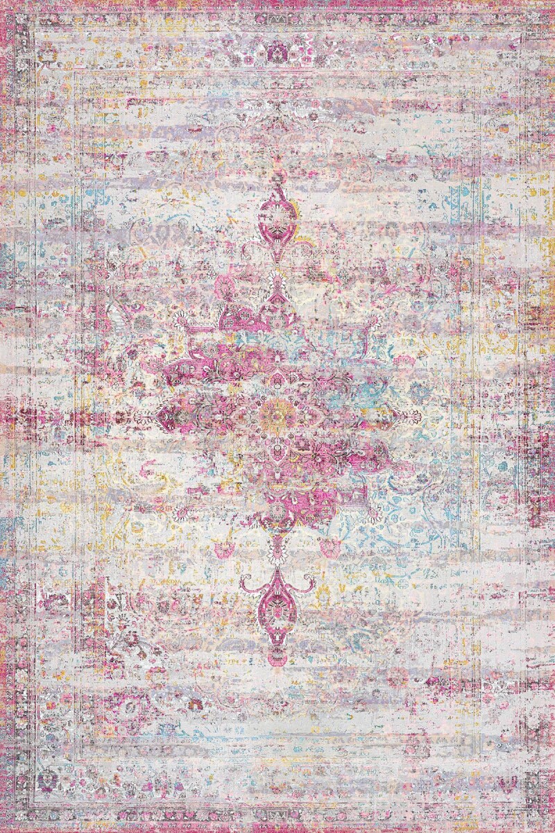 Vintage Desenli Pamuk Taban Yıkanabilir Halı Fuşya 