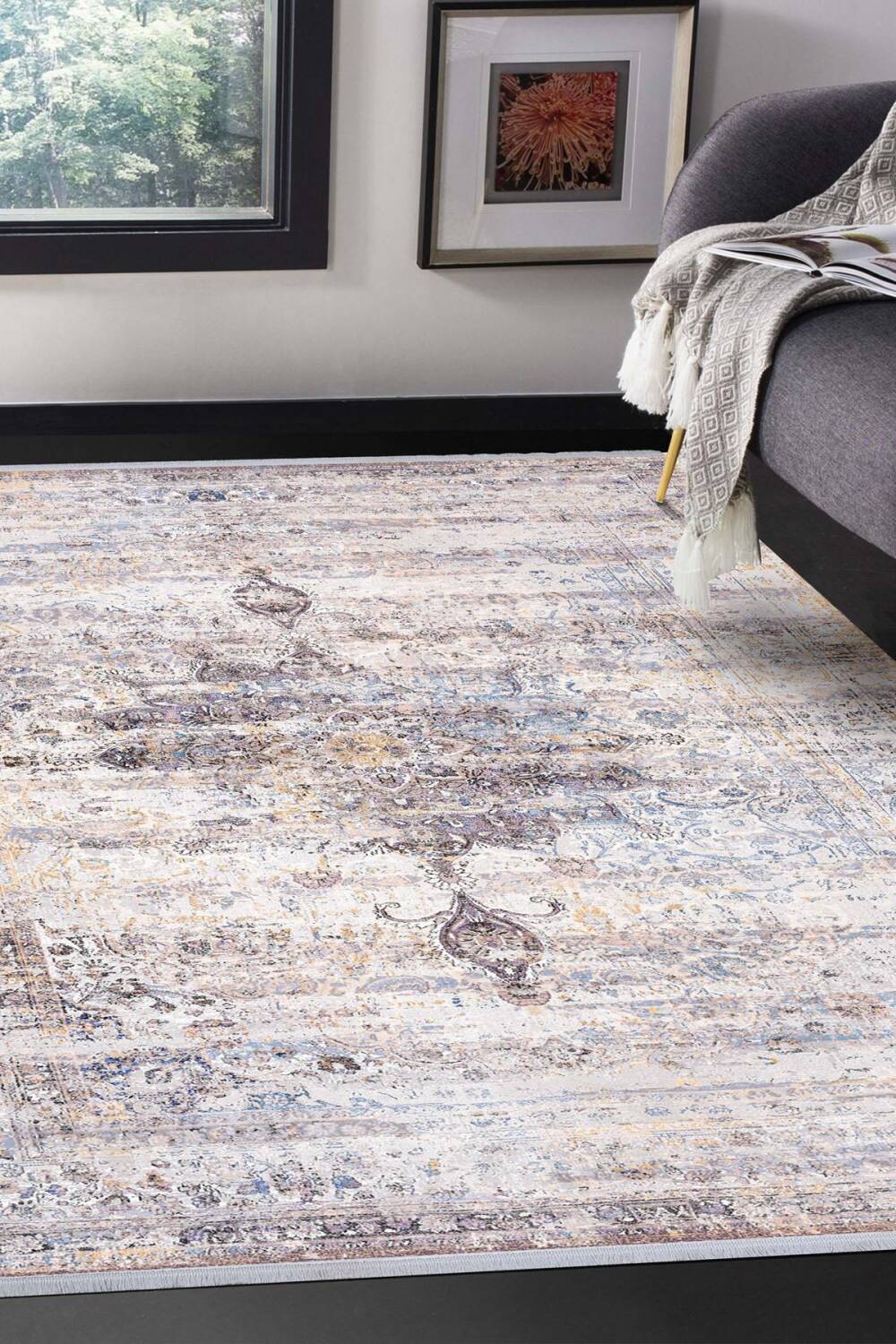 Vintage Desenli Pamuk Taban Yıkanabilir Halı Mürdüm - 1