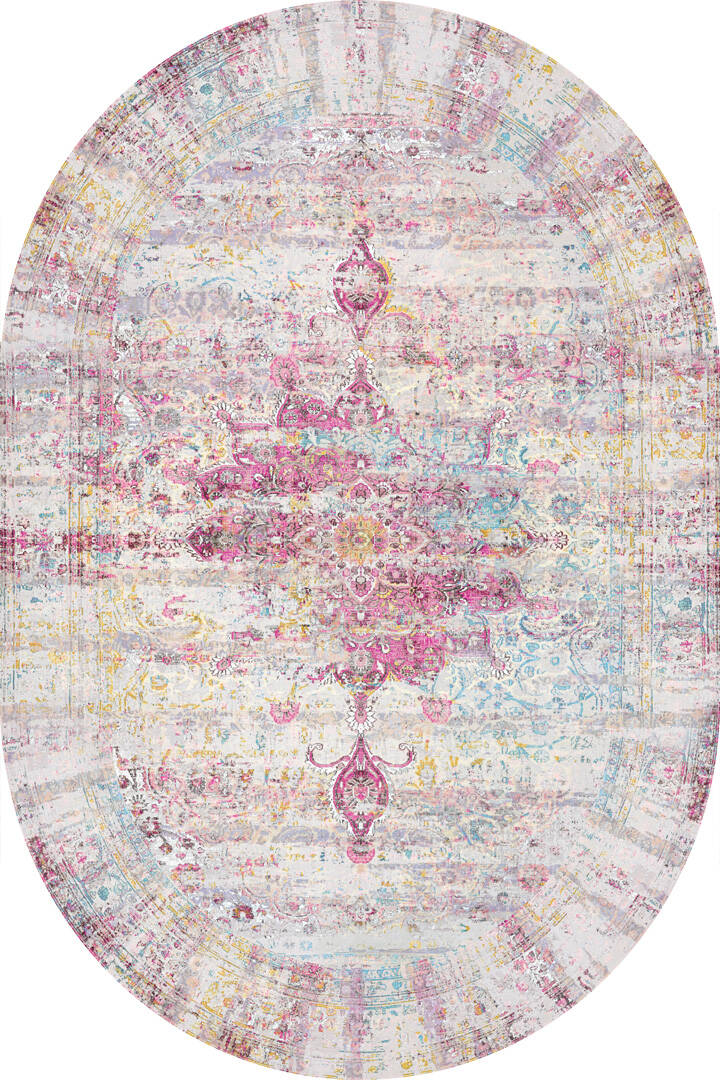 Vintage Desenli Pamuk Taban Yıkanabilir Oval Halı Fuşya - 1