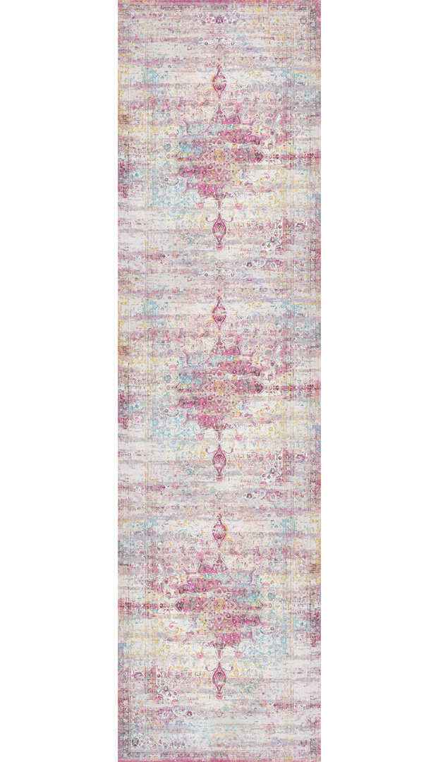 Vintage Desenli Pamuk Taban Yıkanabilir Özel Kesme Yolluk Halı Fuşya - Frenda (1)