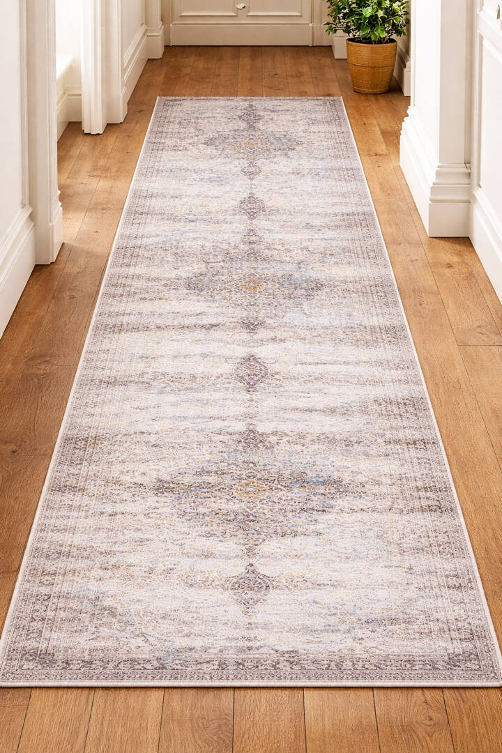 Vintage Desenli Pamuk Taban Yıkanabilir Özel Kesme Yolluk Halı Mürdüm - 1