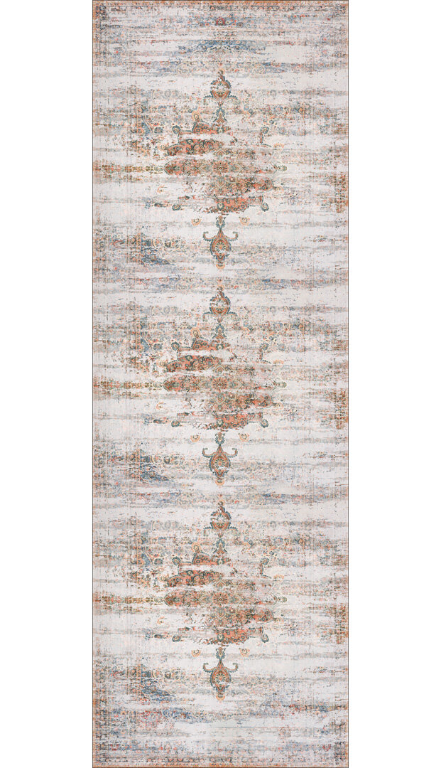 Vintage Desenli Pamuk Taban Yıkanabilir Özel Kesme Yolluk Halı Turuncu - Frenda (1)