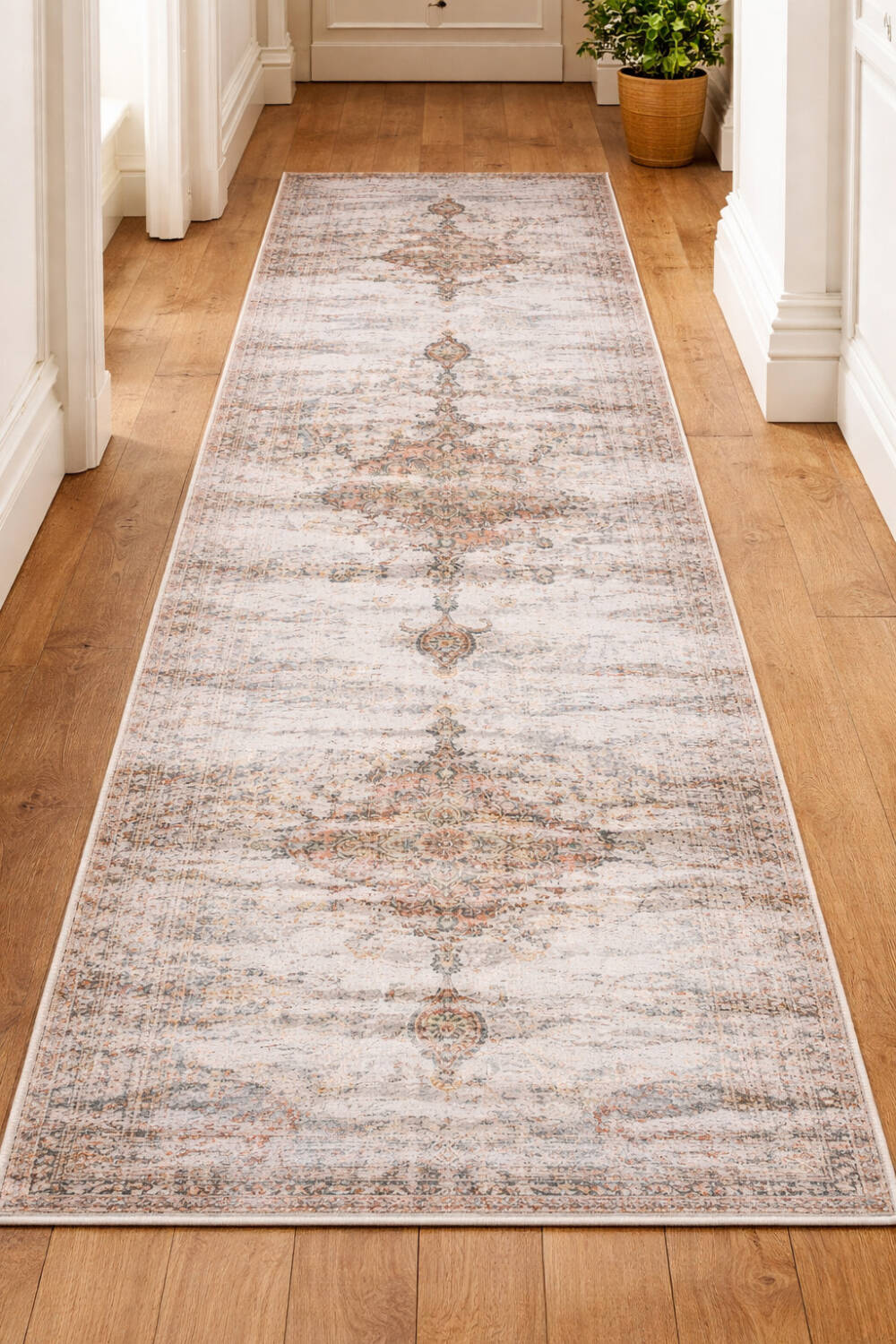 Vintage Desenli Pamuk Taban Yıkanabilir Özel Kesme Yolluk Halı Turuncu - 1