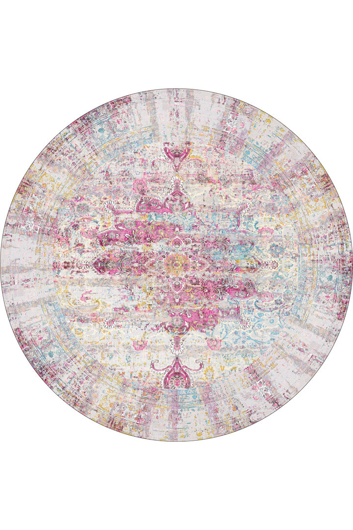 Vintage Desenli Pamuk Taban Yıkanabilir Yuvarlak Halı Fuşya - Frenda