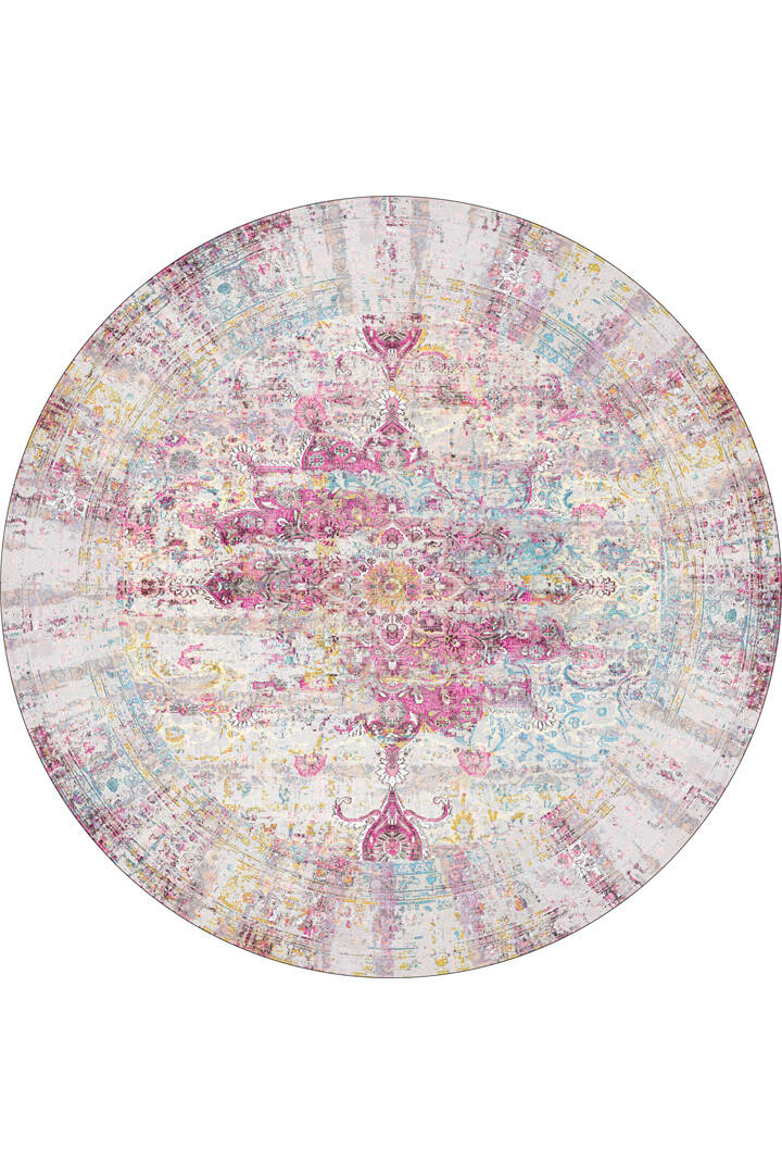 Vintage Desenli Pamuk Taban Yıkanabilir Yuvarlak Halı Fuşya - 1