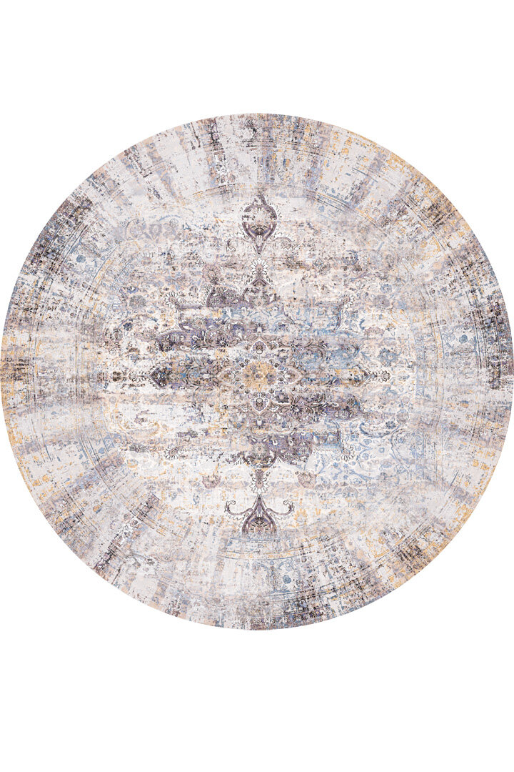 Vintage Desenli Pamuk Taban Yıkanabilir Yuvarlak Halı Mürdüm - Frenda