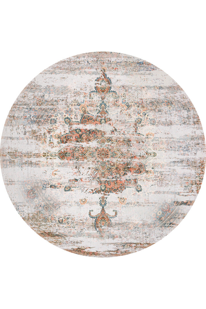 Vintage Desenli Pamuk Taban Yıkanabilir Yuvarlak Halı Turuncu - Frenda