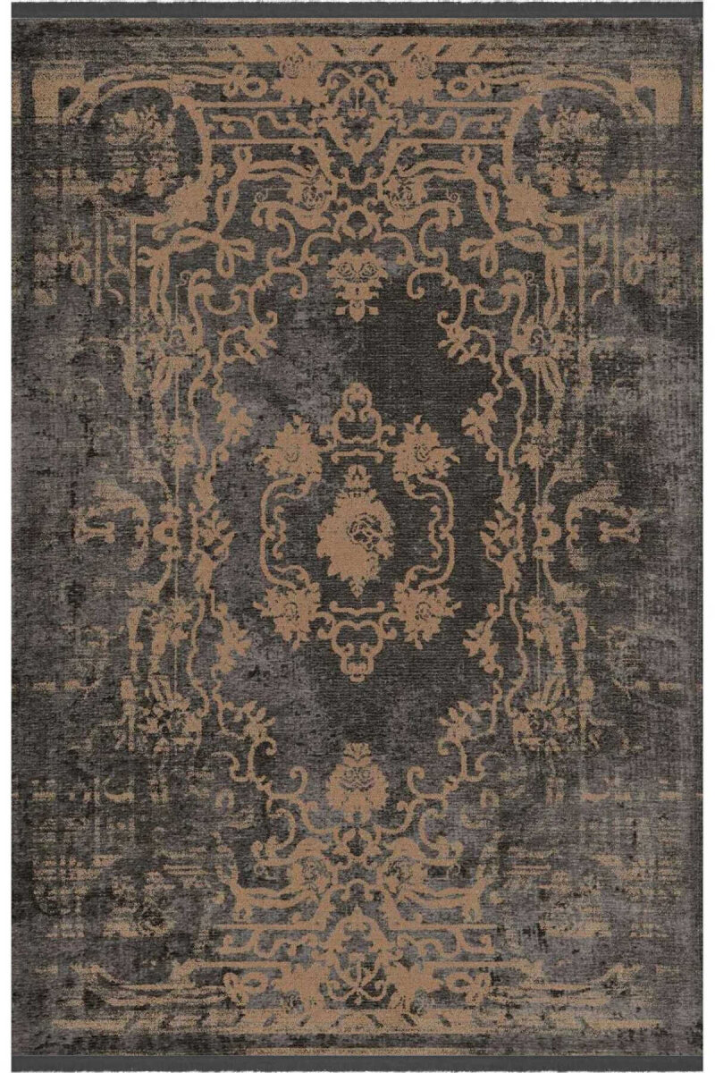 Vintage Desenli Yıkanabilir Pamuk Taban Dekoratif Halı Antrasit - 2